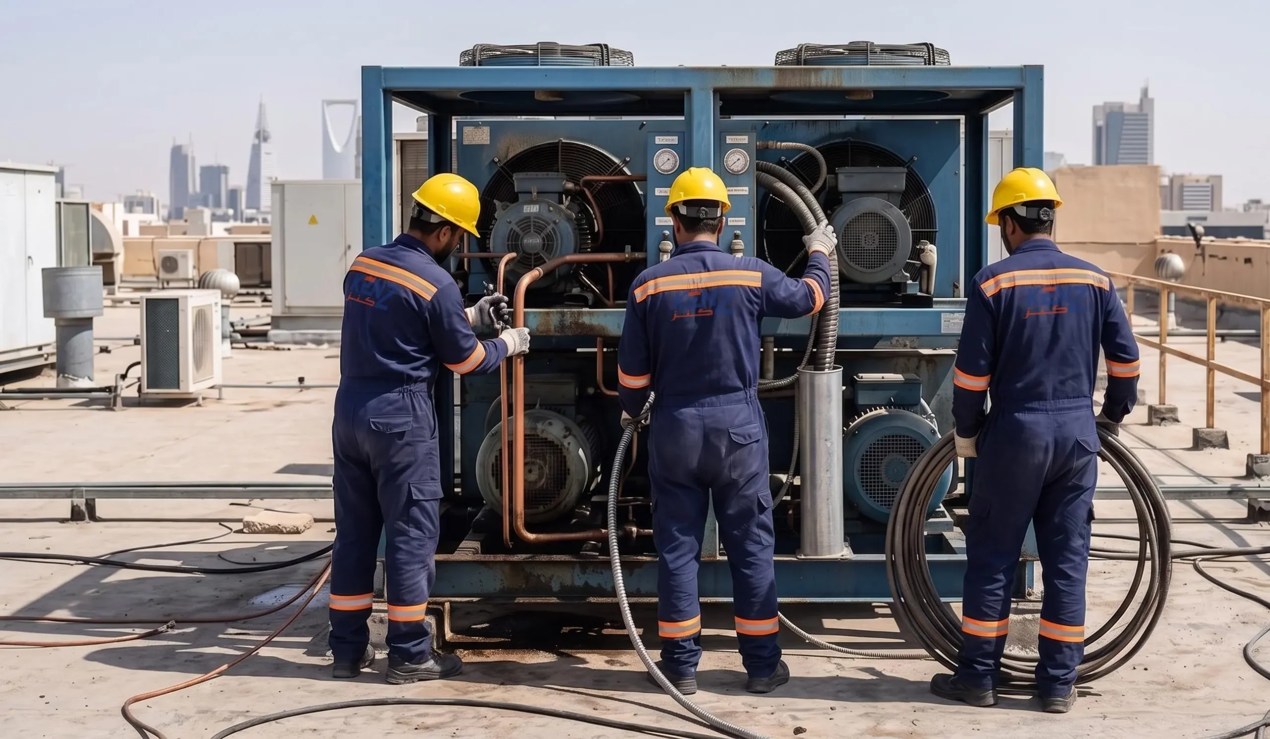 Kenz technicians performing expert chiller maintenance and copper pipe routing for industrial compressors
