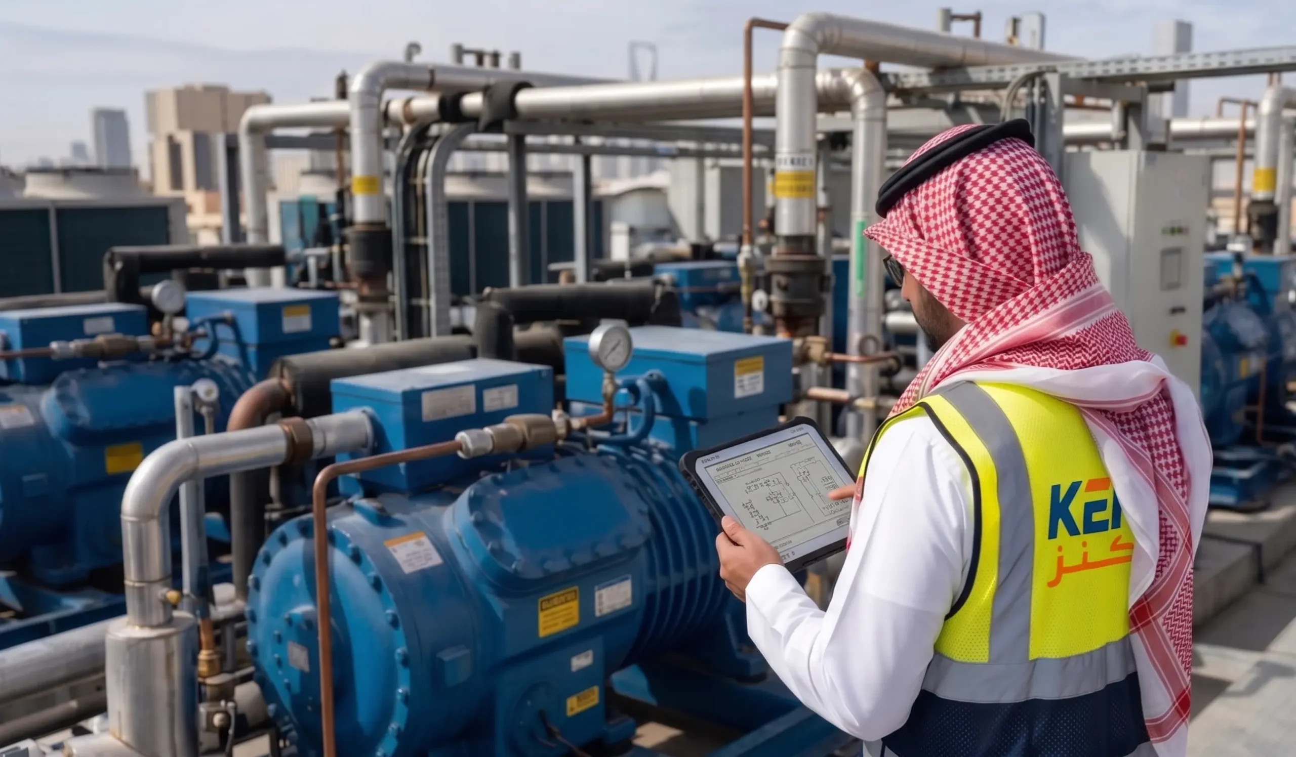 Saudi facility director reviewing industrial refrigeration blueprints and cold room schematics in Riyadh