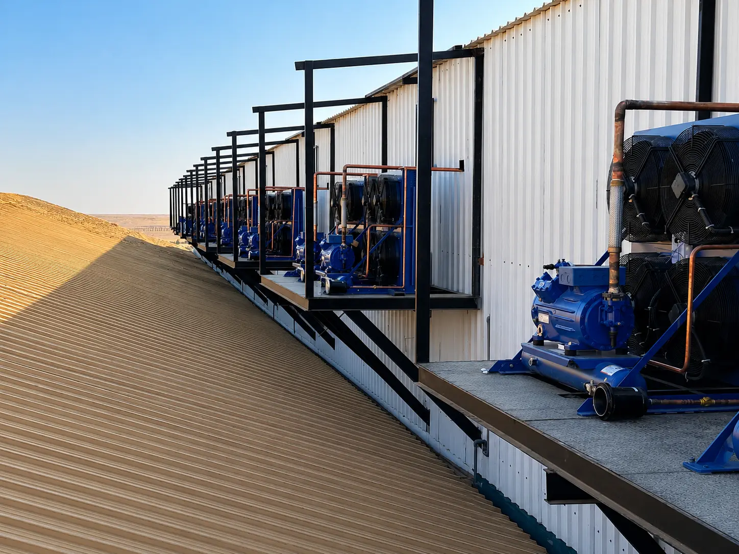 Massive Condensing Unit Deployment: Row of heavy-duty industrial refrigeration compressors installed by Kenz Cold