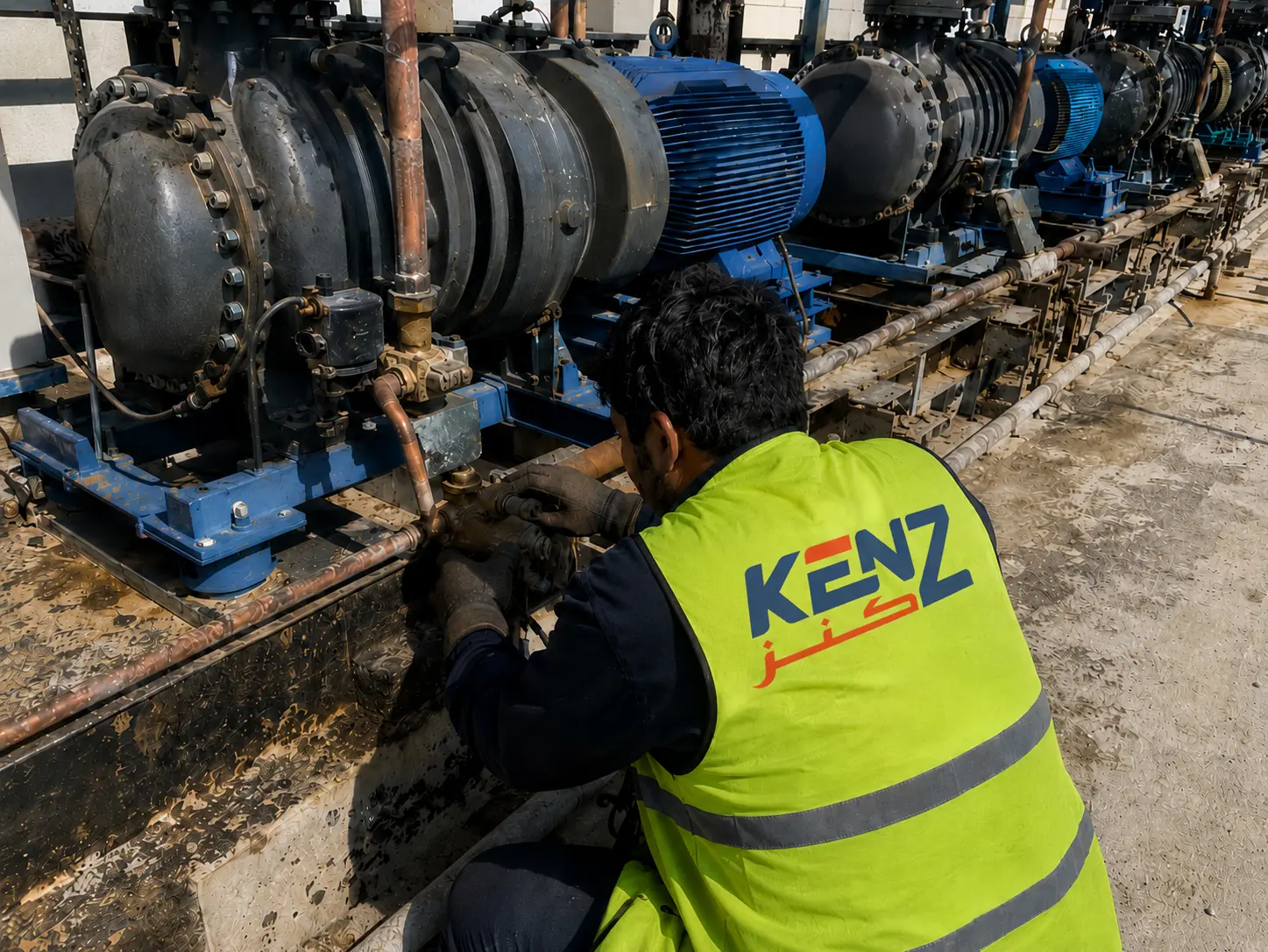 Valve Diagnostics: Kenz refrigeration engineer inspecting copper valves on heavy industrial compressor racks