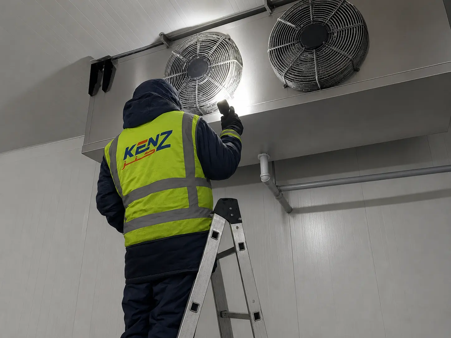 Fan Inspection: Cold room technician using flashlight to perform QA inspection on freezing evaporator fans