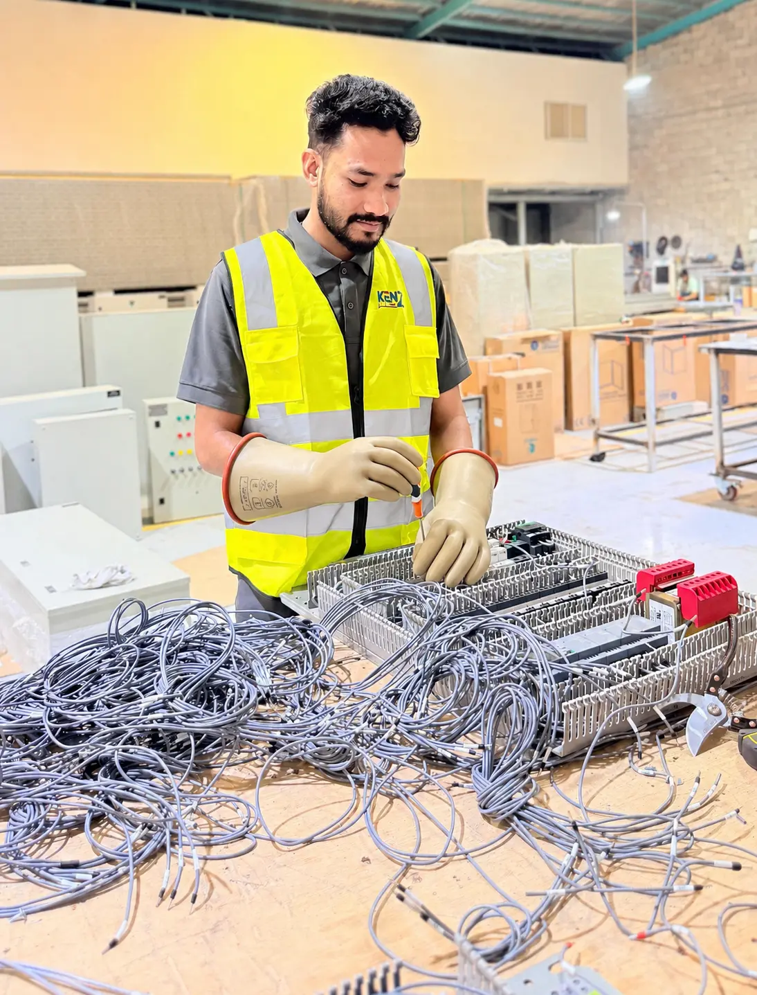 Electrical technician performing complex wiring maintenance with flashlight
