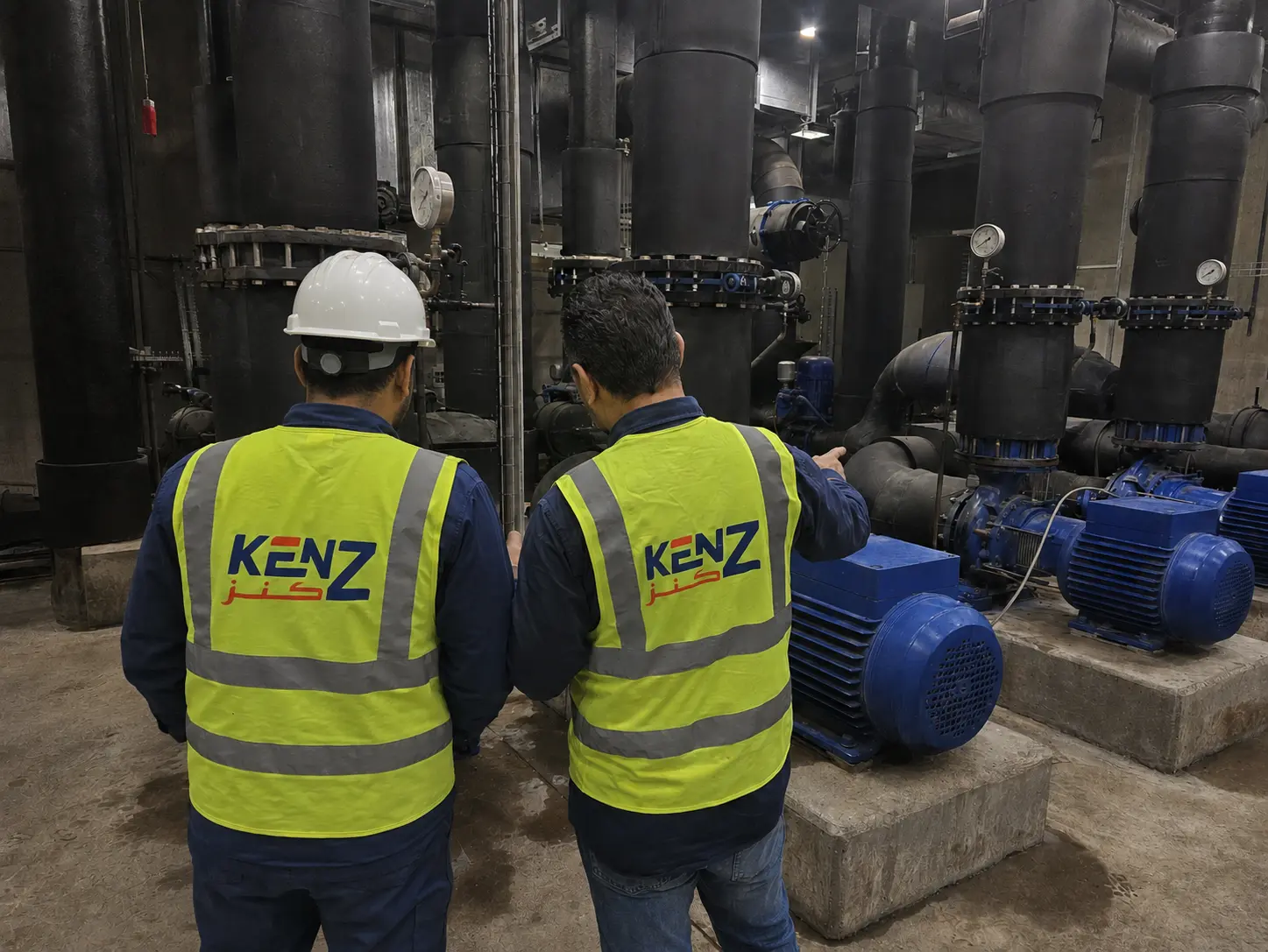 Supervisors inspecting heavy blue chilled water pumps in HVAC plant room