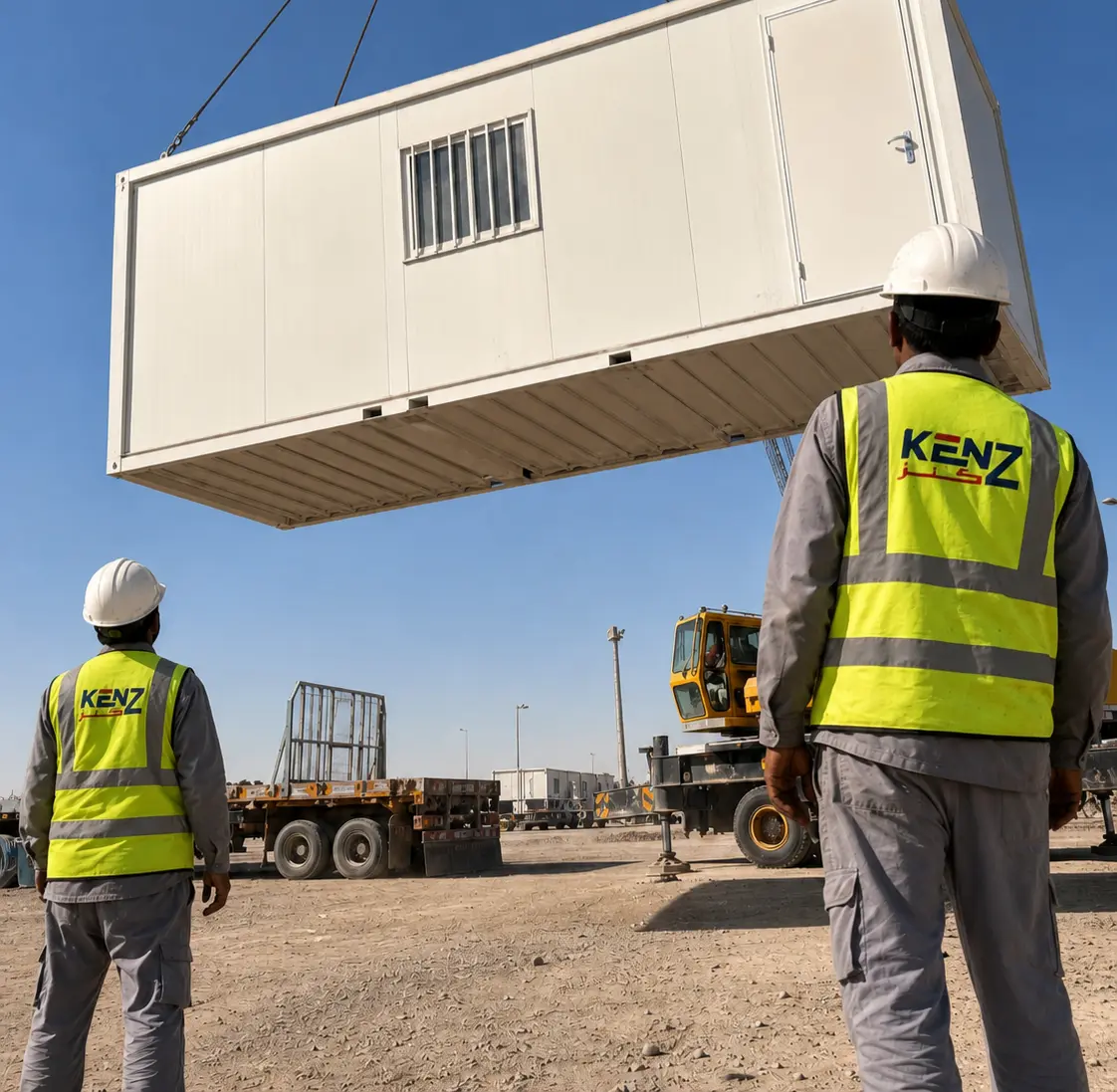 Heavy crane lifting completed prefabricated modular site office