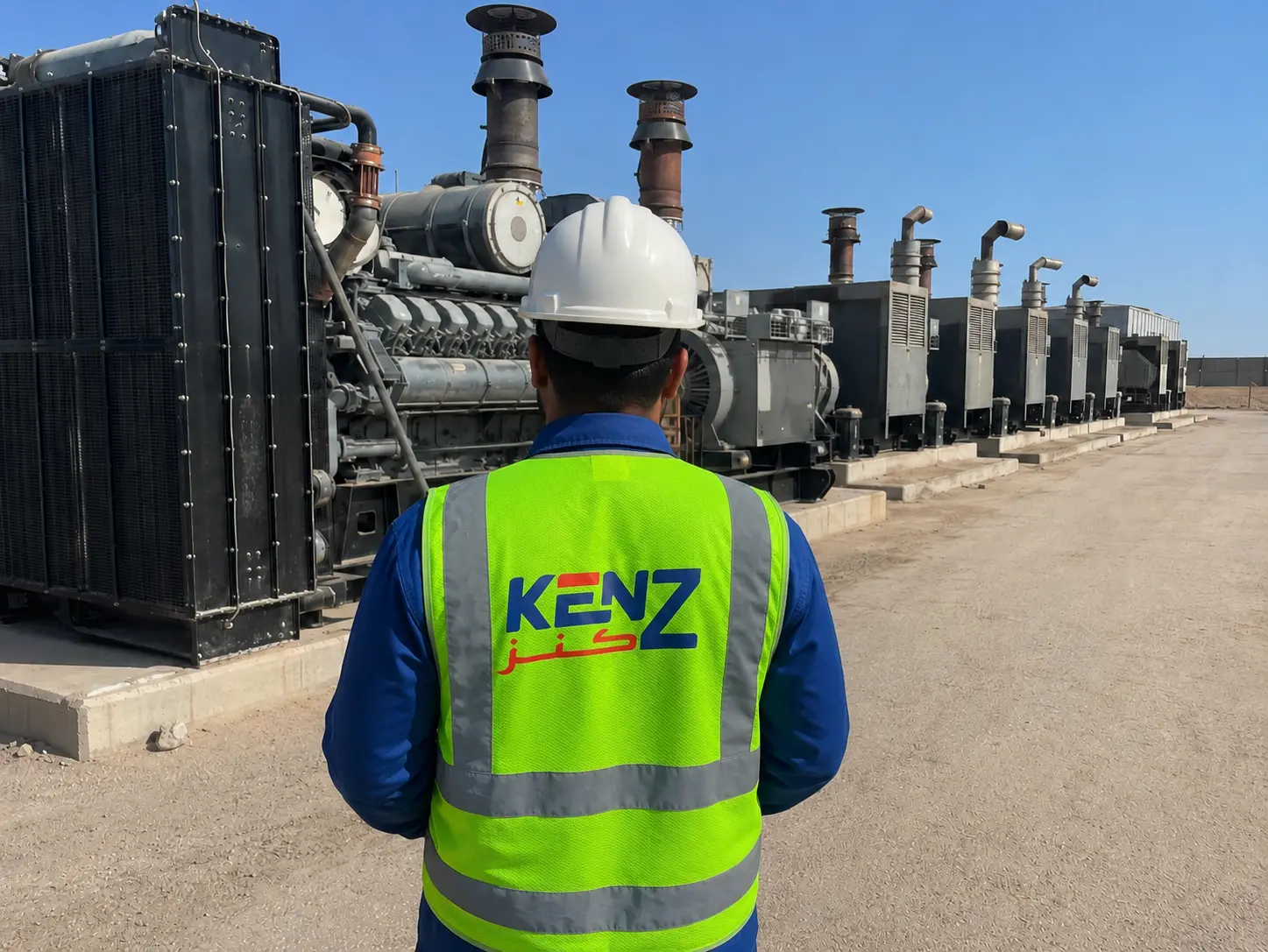 Project manager inspecting row of massive heavy-duty containerized industrial diesel generators