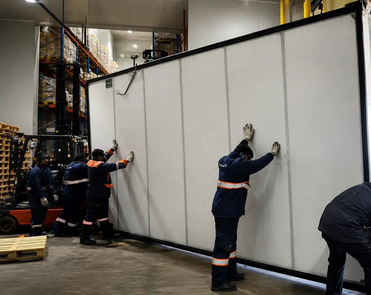 Panel Installation: Team of Kenz contractors manually installing massive PU insulated wall panels for cold storage facility