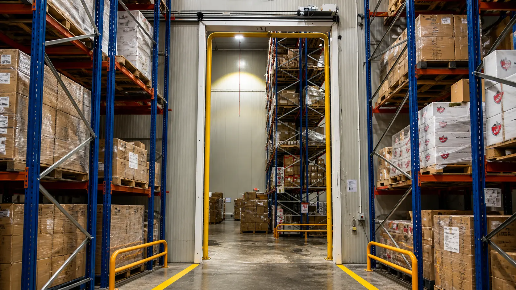 Warehouse Racking: Massive racked commercial cold storage warehouse interior with yellow protective archway engineered by Kenz