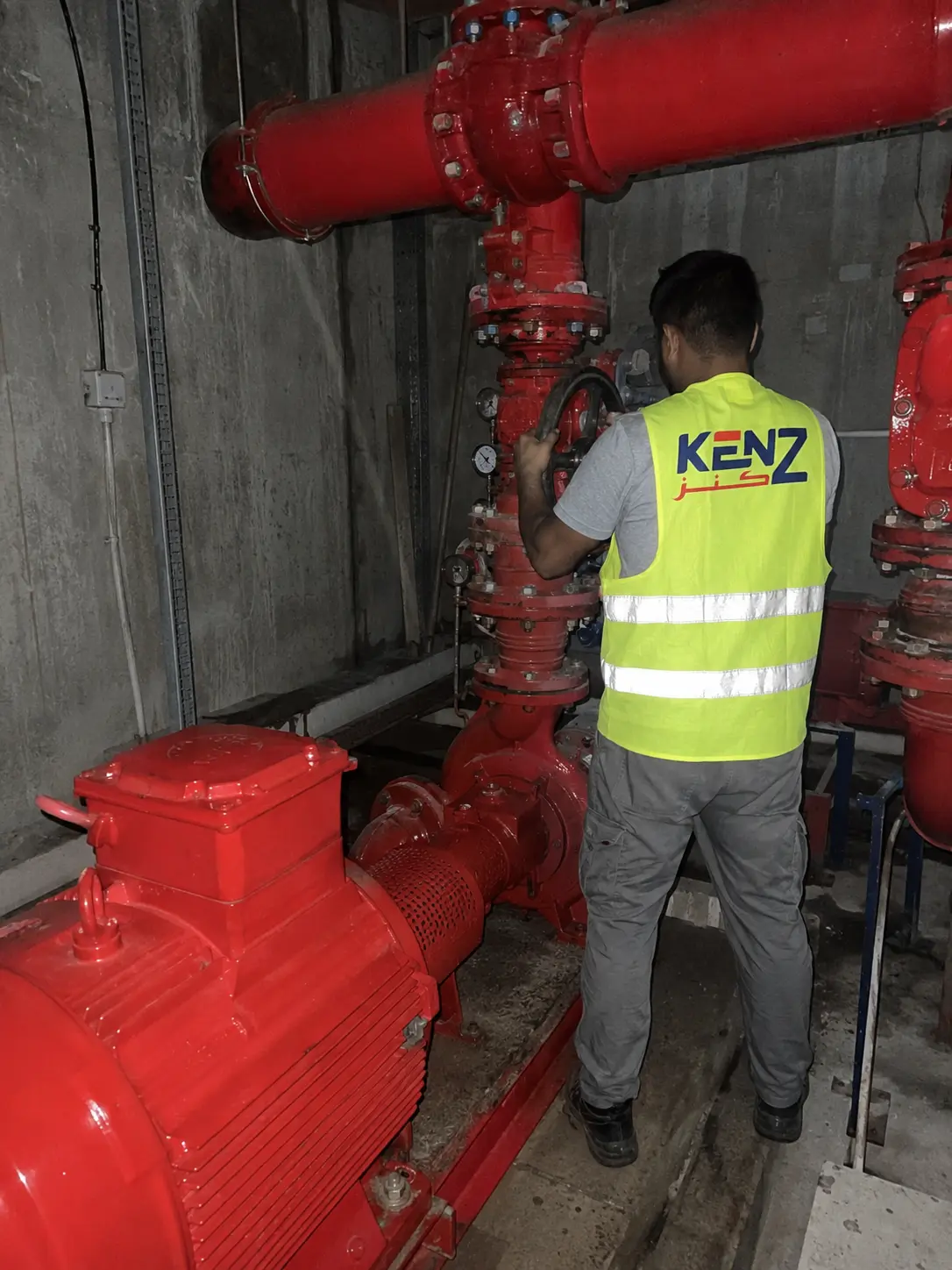 Heavy duty red industrial fire pump installation
