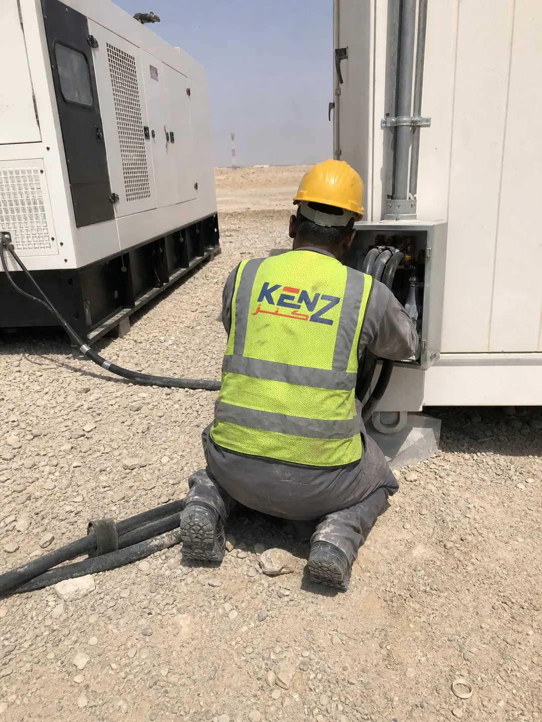 Kenz engineering team standing in front of turnkey shelter generator power system