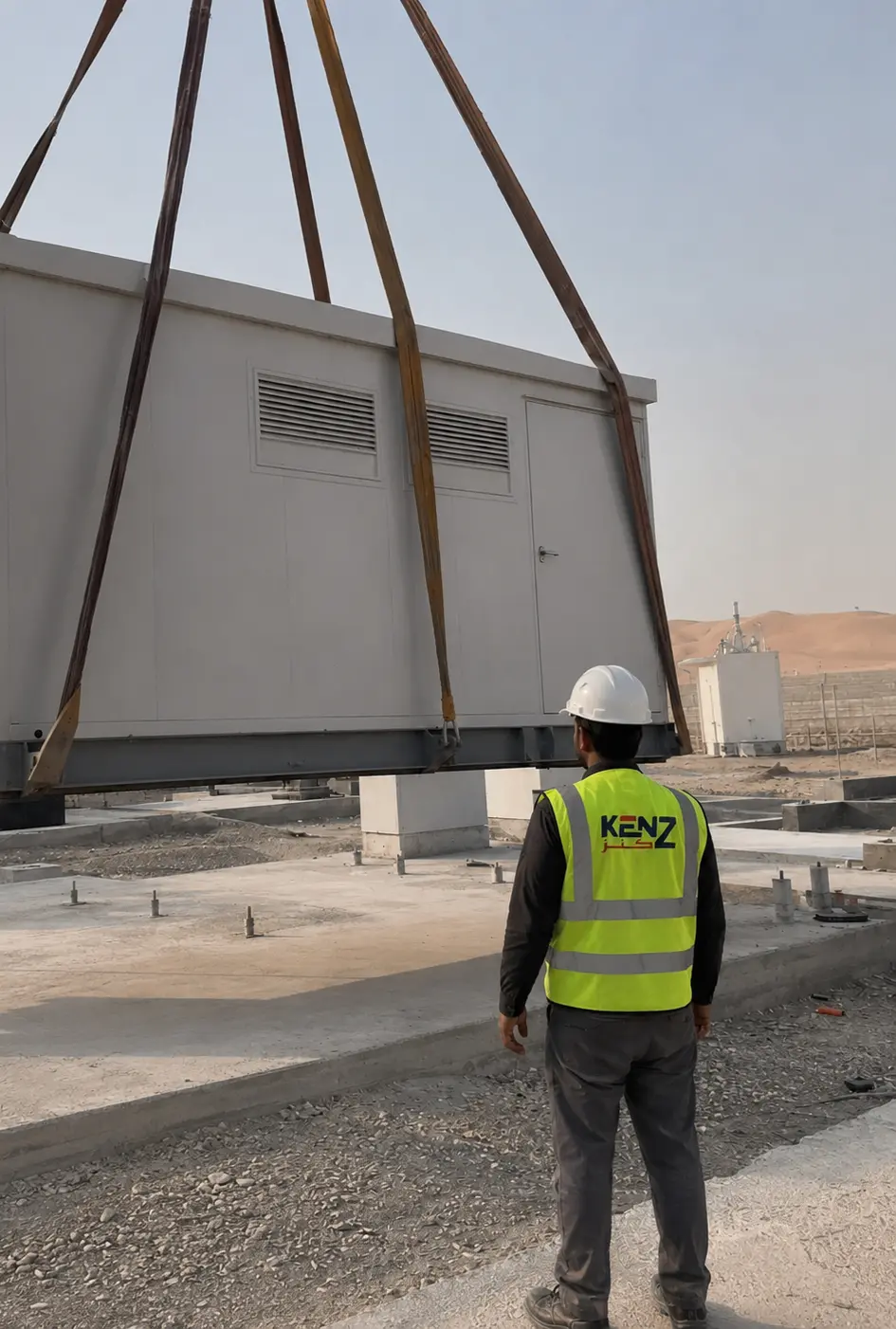 Heavy crane deployment of Kenz prefabricated equipment shelter